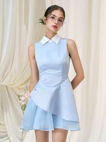 SHEIN MOD 女式蓝色无袖可拆卸领短裙 - 藍色 - 查看 1