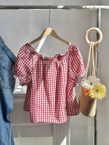 Comfortcana Áo sơ mi kẻ caro đỏ trắng thường ngày mùa hè cỡ lớn cho nữ - Nhiều màu - Xem 2