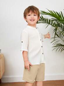 Loomiva 男童休閒和校園風格舒適透氣襯衫捲袖和短褲套裝