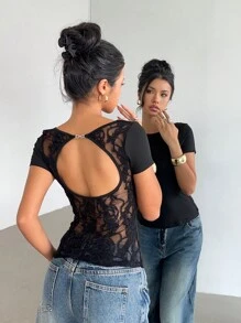 Siren Gaze Black Lace Patchwork Backless Metal Button Slim Short Sleeve Women's T Shirt,Going Out Tops,Women's Streetwear,Concert Party Tops,Ysk Women's Tops,Rave Outfits Festival,Ibiza Outfits,Vacation Top, Bohemian Vacation Beachwear Backless Top,Vacation Evening Wear Festival Occasion Summer Casual - Black - View 1