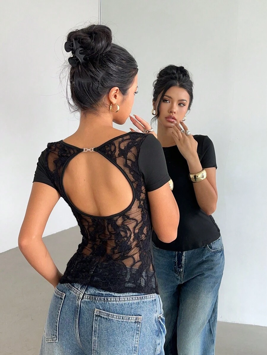 Siren Gaze Black Lace Patchwork Backless Metal Button Slim Short Sleeve Women's T Shirt,Going Out Tops,Women's Streetwear,Concert Party Tops,Ysk Women's Tops,Rave Outfits Festival,Ibiza Outfits,Vacation Top, Bohemian Vacation Beachwear Backless Top,Vacation Evening Wear Festival Occasion Summer Casual - Black - View 1