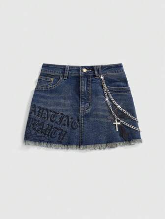 Grunge Punk Minifalda de mezclilla de tiro bajo para mujer con lema gótico sexy Y2K, tela de araña y cruz de PU