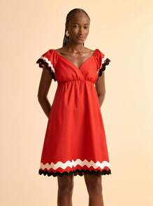 CAJUNI Summer Holiday Casual Beach V-Neck Ruffle Sleeve Wavy Hem Long Dress, Red - Multicolor - View 7