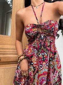 Sunnyshic Elegant Vacation All-Over Print Halter Dress With Ruffled Hem - Multicolor - View 4