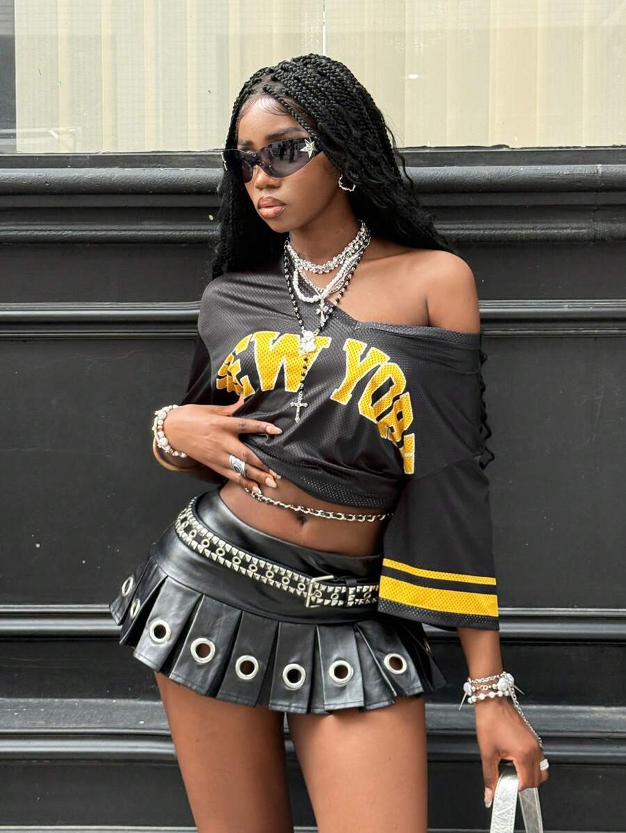 Coolane 女士夏季街头服饰外出运动透气网眼图案数字棒球服 V 领超大黑色针织 T 恤 - 黑色 - 查看 1