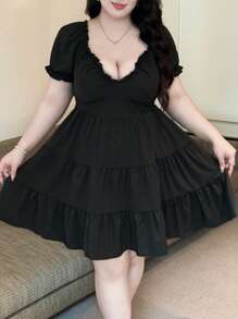 Flirla Plus Size Puff Short Sleeve Dress With V-Neck - Black - View 3