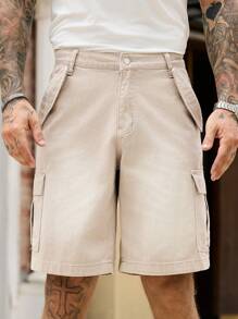 Manfinity Homme Men's Khaki Denim Cargo Shorts Casual Vacation Style With Zipper Details - Khaki - View 5