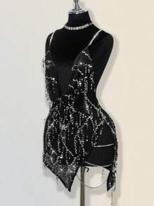 SHEIN ICON Dramatic Plunging Neck Rhinestone Decor Backless Criss-Cross High Slit Mini Dress,Boho Clothes Women - Black - View 3