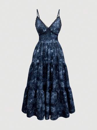 Hippie Women Hippie Retro Textured Blue Summer Vintage Midi Dress