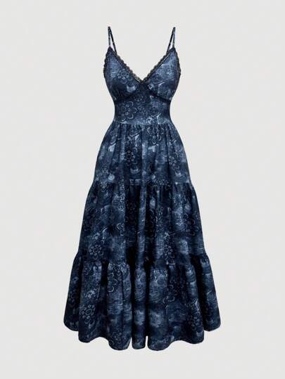 Women Hippie Retro Textured Blue Summer Vintage Midi Dress