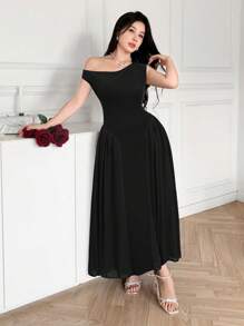 Modelyn 1 pieza Vestido formal de mujer elegante de color negro sólido con cuello asimétrico