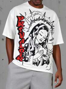 Manfinity EMRG Men's Ribbed Collar Short Sleeve T-Shirt With Large Virgin Mary Front & Back Print, Graphic Tee - White - View 6