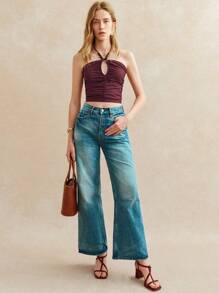 Écloséra Top halter con tirantes de estilo retro francés, plisado, con cordón, de madera y cuentas, para vacaciones de primavera y verano, nuevo y sexy, con espalda descubierta para damas - Óxido marrón - Ver 1