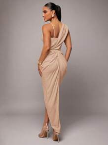 Silquee Váy suông hở vai bất đối xứng bằng vải lanh màu mơ lãng mạn cho ngày lễ tình nhân & đêm hẹn hò, váy dây mảnh xẻ tà bất đối xứng cho tiệc tùng, đám cưới, đêm hẹn hò, vũ hội, đi làm hàng ngày, kỳ nghỉ - Màu Khaki - Xem 2