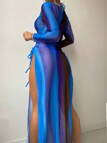 SHEIN Swim 夏季沙灘3件套背心三角領綁帶連身泳裝和遮陽服 - 藍色 - 查看 2