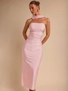 COSMINA Elegant Women 3D Floral Ruched Mid-Length Dress Bandage Dress, Vacation Style, Spring/Summer - Pink - View 5