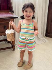 Set de 2 piezas de top corto de tirantes de punto con estampado de arcoíris y pantalones acampanados de cintura elástica para bebés niñas, adecuado para 6M-3T, para ir a la escuela, casual, calle, vacaciones, deportes, bebé niña, jersey, pantalones cortos - Multicolor - Ver 1