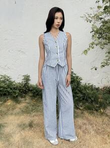 SHEIN Conjunto de Regata e Calça Assimétrica com Decote em V Listrado, Casual para Adolescentes, Confortável e Minimalista