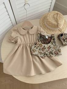 SHEIN مجموعة قطعتين تتكون من فستان بياقة دمية وسترة طفلة ذات طراز نباتي عتيق - متعدد الألوان - مشاهدة 5