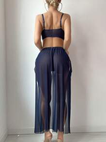 Snug Zone 3pcs Set Women's Sexy Mesh Lingerie Set (With Underwire Bra, G-String, Half Slip) For Going Out - Navy Blue - View 2