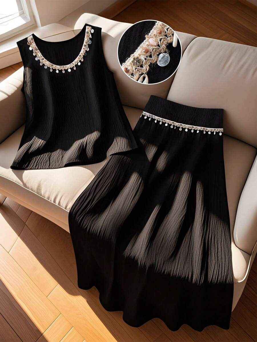 Regalyn Conjunto de vacaciones de top tipo camiseta con volantes y falda para mujer de talla grande