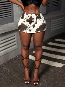 Slaydiva 女式休闲性感牛仔迷你裙，奶牛印花，夏季 - 彩色 - 查看 4