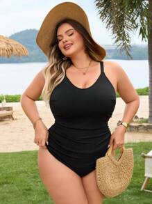 SHEIN CURVE+ Plus Size Women's One-Piece Swimsuit, Solid Color Swimming Costume For Summer Vacation - Black - View 3