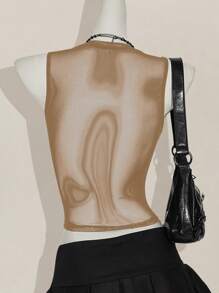 SHEIN ICON Y2k Summer Black Mesh Sheer Sexy Rhinestone Glitter Women's Rhinestone Letter Mesh Backless Tight Camisole