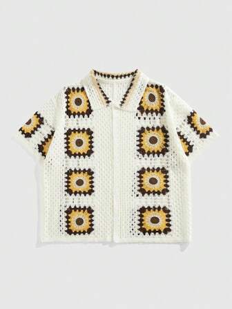 Street Life قميص محبوك أحادي الصدر بأكمام قصيرة وزخرفة هندسية مفرغة للرجال