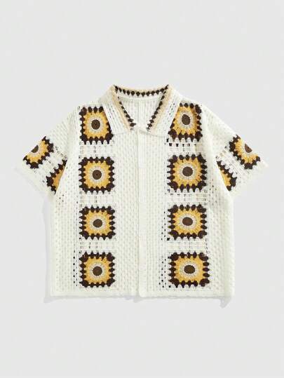 Street Life Men's Geometric Pattern Short Sleeve Single Breasted Hollow Out Knit Shirt