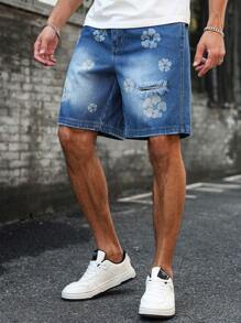 Manfinity Homme Shorts Denim Masculina Casual Lavada com Estampa Floral Desgastada