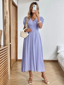 SHEIN LUNE 女士休闲纹理 V 领腰中长连衣裙