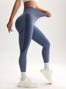 Easithlete 女式高腰无缝紧身裤 - 修身收腹提臀紧身裤，适合跑步、骑行、瑜伽、泡菜球运动、休闲 - 藍色 - 查看 6
