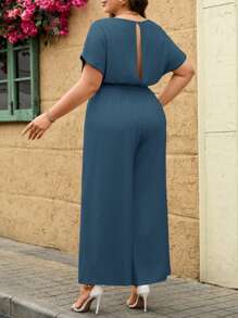 SHEIN Clasi Plus Size Solid Color Batwing Sleeve Jumpsuit,Summer Casual - Teal Blue - View 2