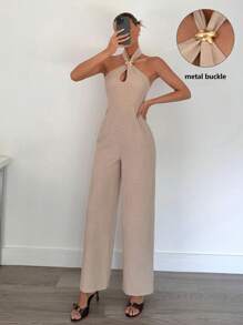 Siren Gaze 女式光滑金属饰边露背吊带连体裤，高端款式金属扣装饰吊带连体裤，办公室女士优雅无袖连体裤 - 杏色 - 查看 4