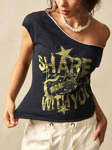 Bohemela 针织拼色圆领短袖不对称下摆女式T恤 - 黑色 - 查看 6