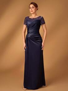 Serin 优雅奢华珍珠亮片装饰缎面褶饰鱼尾下摆裙，适合婚礼、活动、派对、蜜月、庆典、新娘母亲场合 - 藏蓝色 - 查看 5