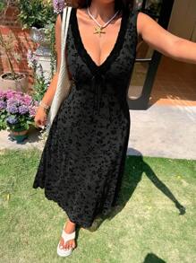 SHEIN EZwear 大码女式夏季植物花卉蕾丝拼布休闲度假网眼长裙 - 黑色 - 查看 2