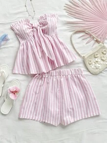 Soleia 2pcs/Set Women Striped Floral Ruffle Twist Sleeveless Crop Top And Casual Shorts Summer Beach Vacation Set, Party & Beach