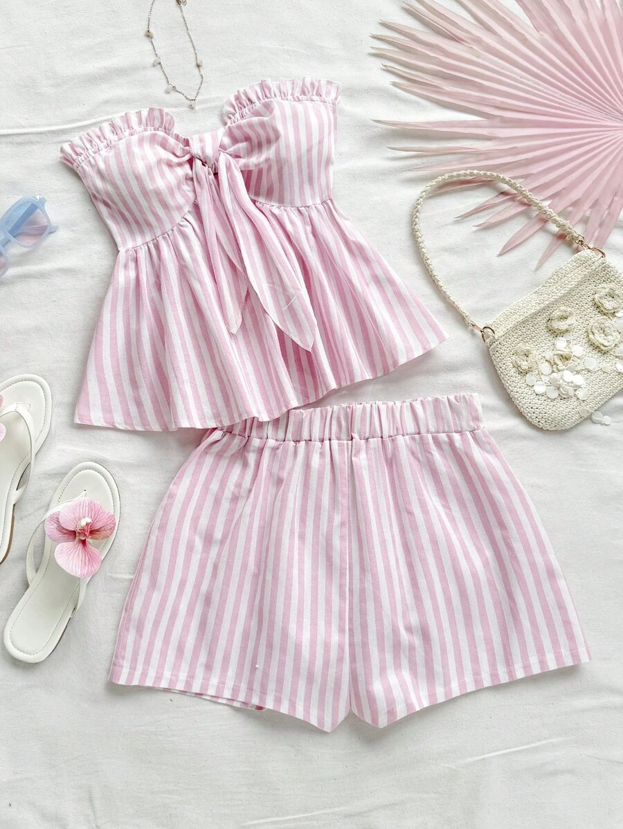 Soleia 2pcs/Set Women Striped Floral Ruffle Twist Sleeveless Crop Top And Casual Shorts Summer Beach Vacation Set, Party & Beach