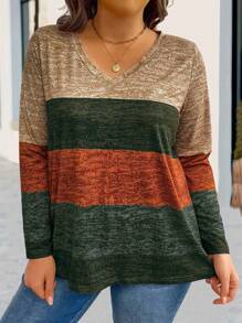 EMERY ROSE Plus Size Striped Contrast Color V-Neck Long Sleeve T-Shirt Women Tops For Spring Fall - Multicolor - View 4