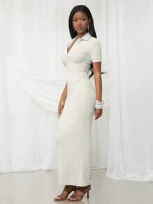 NYA SZN Elegant Off-White Summer Tea Party Maxi Dress,Short Sleeve Collared Textured Fitted Gown For Wedding Guest,Graduation,Bridal Dinner & Special Occasion - White - View 5