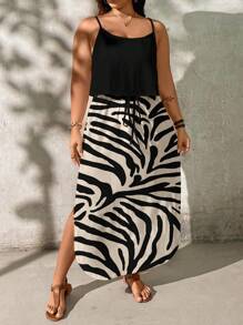 SHEIN LUNE Plus Size Animal Print Summer Dress,Sun Dresses For Women,Sundress Chic Dress - Black and White - View 3