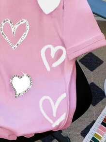 INAWLY Women's Summer Short Sleeve Heart Print Rhinestone Decor Round Neck T-Shirt