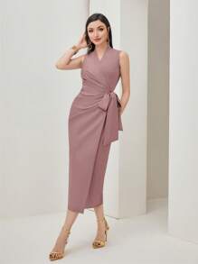 Modelyn 纯色裹身结侧裙长款晚礼服 - 淡紫色 - 查看 1