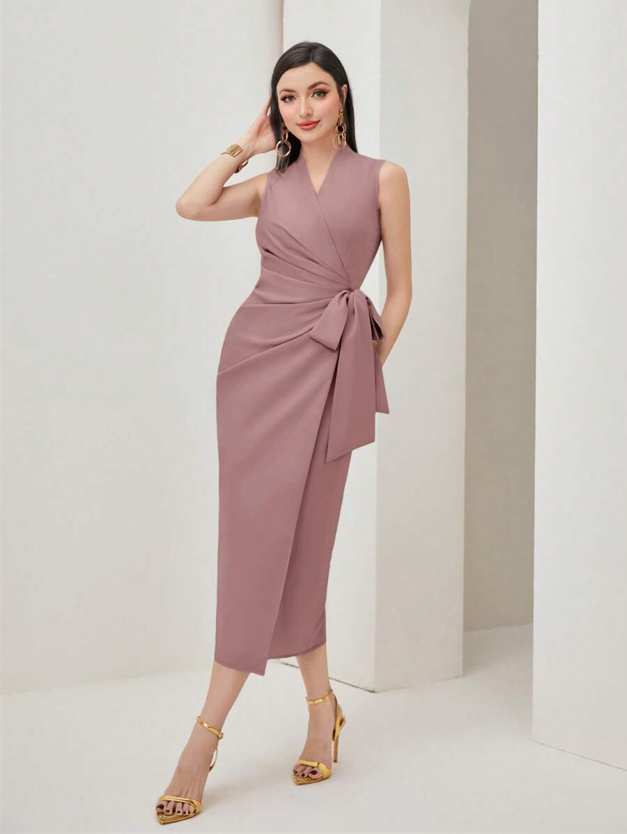 Modelyn 纯色裹身结侧裙长款晚礼服 - 淡紫色 - 查看 1