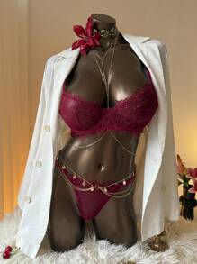 Aloruh Women Lace Patchwork Bra And Panty Sexy Lingerie Set - Burgundy - View 9