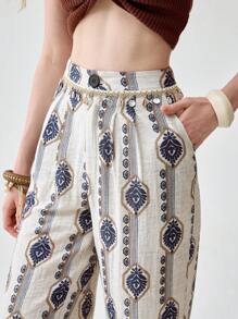 Florisole Quần ống rộng cạp cao in họa tiết hoa phong cách Bohemian, đơn giản, đa năng, thoải mái - Nhiều màu - Xem 6