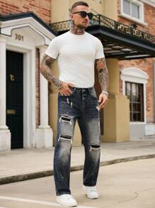 Manfinity Roughcore Men's Distressed Ripped Denim Jeans Casual Modern Style With Paint Splatter Detail And Zipper Fly - Blue - View 4