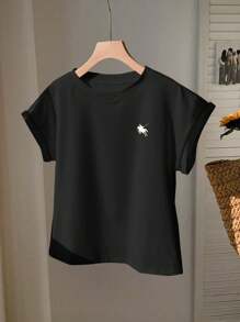 Comfortcana Camiseta casual de manga corta y cuello redondo holgada para mujer, con estampado de logo de caballo, adecuada para el verano
